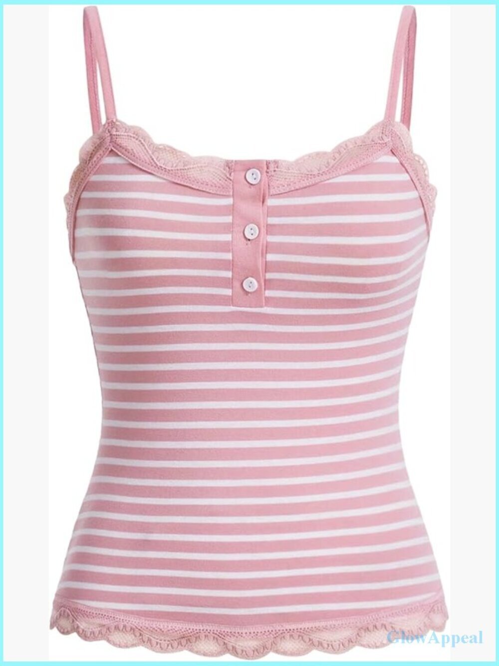Striped Lace Trim Cami Crop Top Button Front Spaghetti Strap Y2K Top